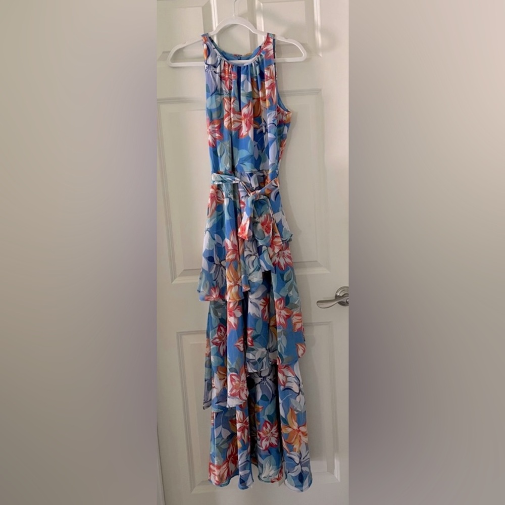 TAHARI Women's Floral Tropical Sleeveless Ruched Neck Tiered Skirt Maxi size 8
